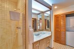 The guest bathroom is perfect for visitors and extra room to get ready for the day